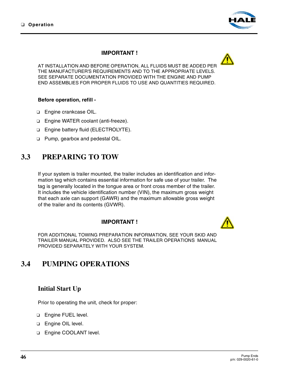3 preparing to tow, 4 pumping operations, Initial start up | Preparing to tow, Pumping operations | Hale 80FC User Manual | Page 46 / 190
