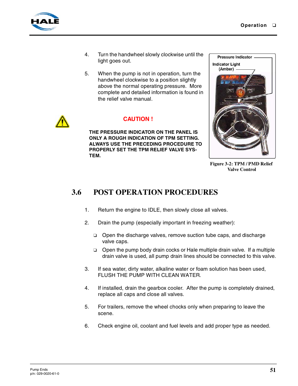 Figure 3-2: tpm / pmd relief valve control, 6 post operation procedures, Post operation procedures | Hale 80FC User Manual | Page 51 / 190