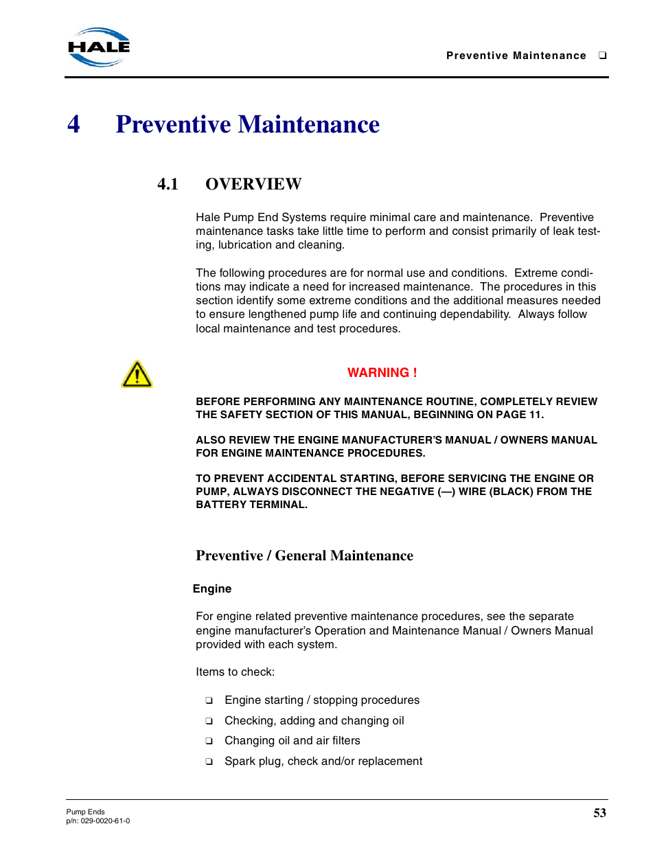 4 preventive maintenance, 1 overview, Preventive / general maintenance | Engine, Preventive maintenance, Overview, 4preventive maintenance | Hale 80FC User Manual | Page 53 / 190