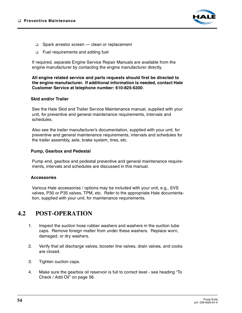 Skid and/or trailer, Pump, gearbox and pedestal, Accessories | 2 post-operation, Post-operation | Hale 80FC User Manual | Page 54 / 190