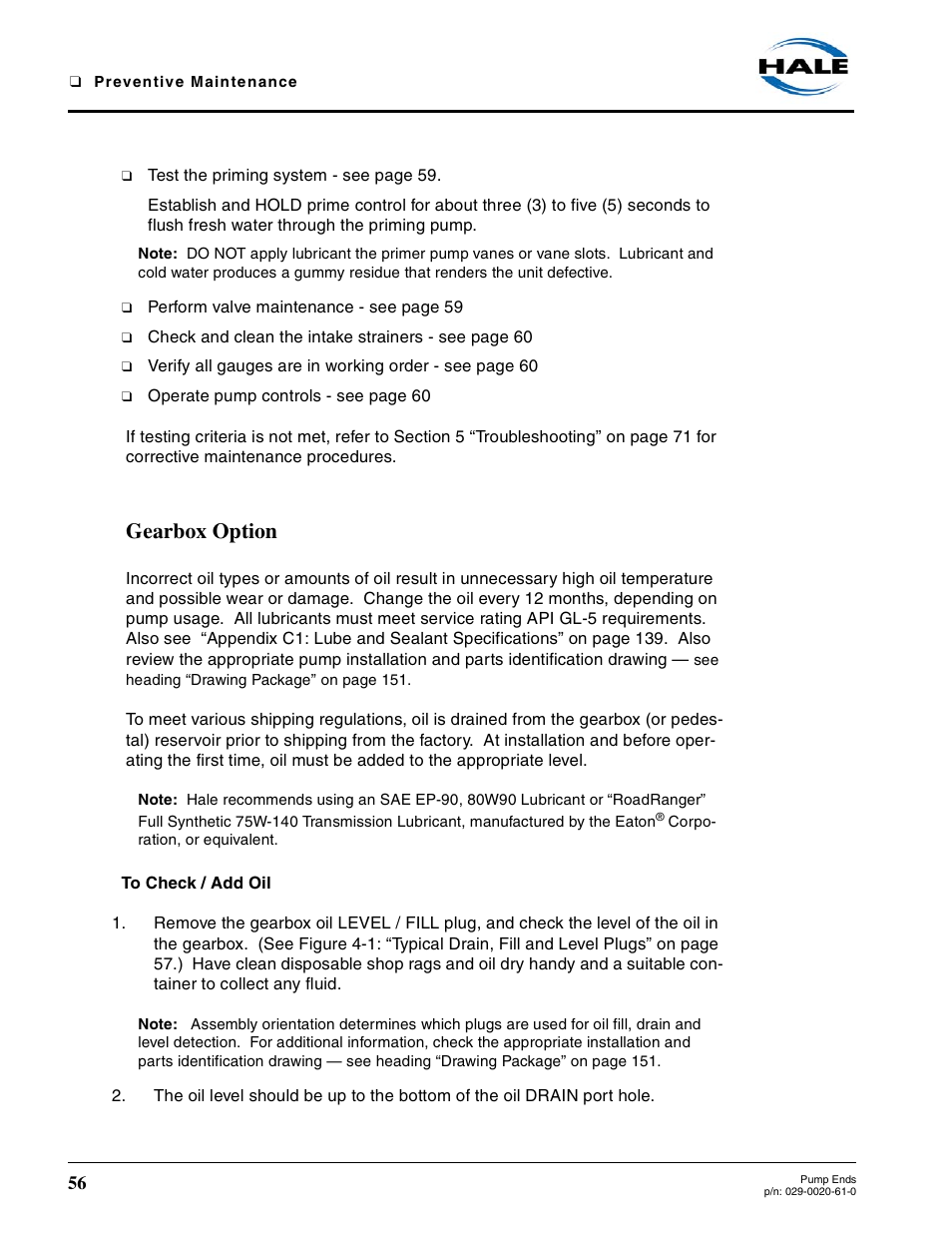 Gearbox option, To check / add oil | Hale 80FC User Manual | Page 56 / 190