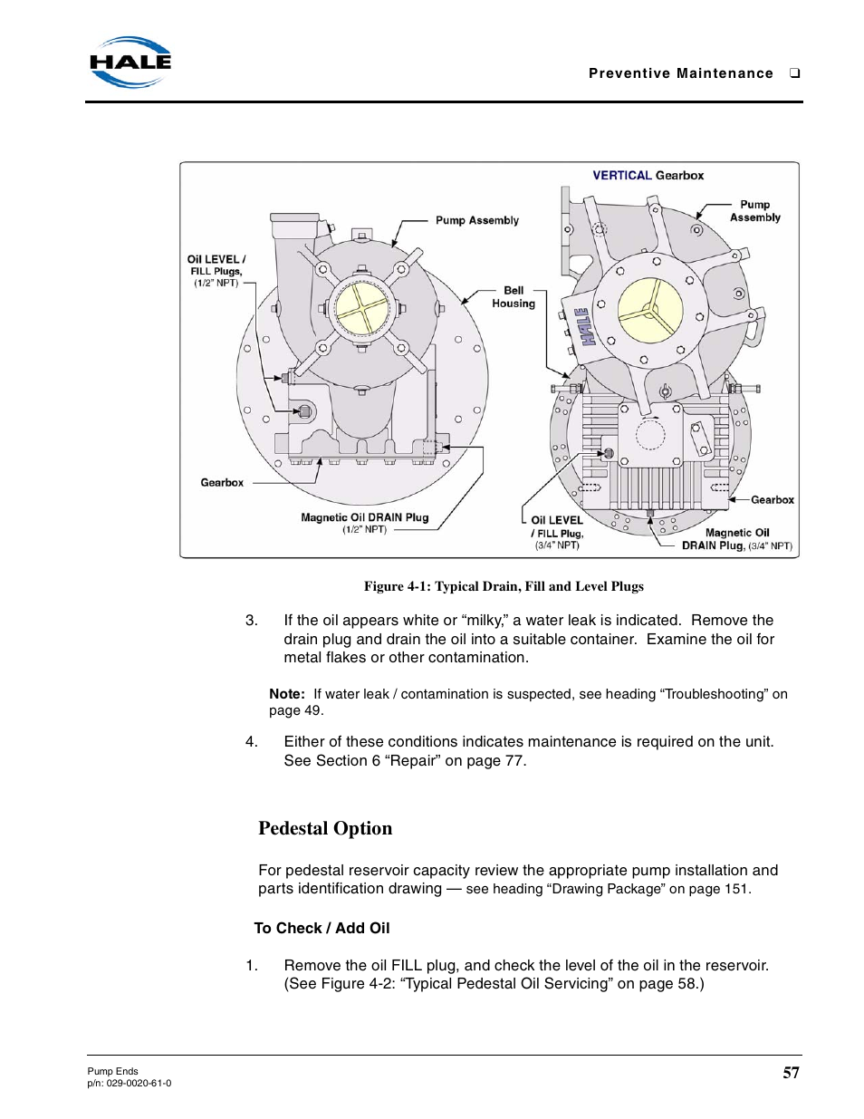 Figure 4-1: typical drain, fill and level plugs, Pedestal option, To check / add oil | Hale 80FC User Manual | Page 57 / 190