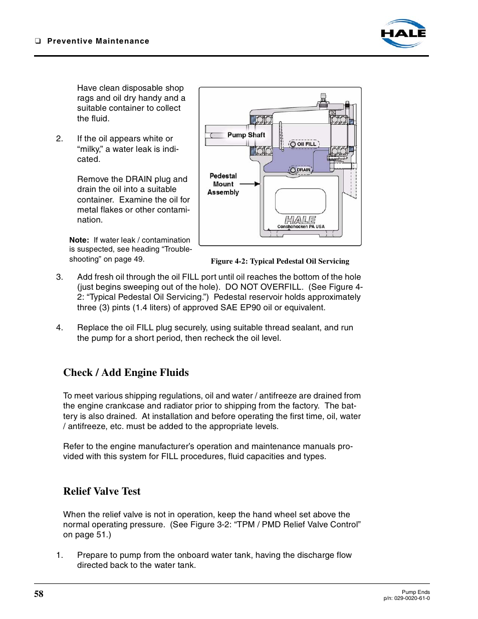 Figure 4-2: typical pedestal oil servicing, Check / add engine fluids, Relief valve test | Hale 80FC User Manual | Page 58 / 190