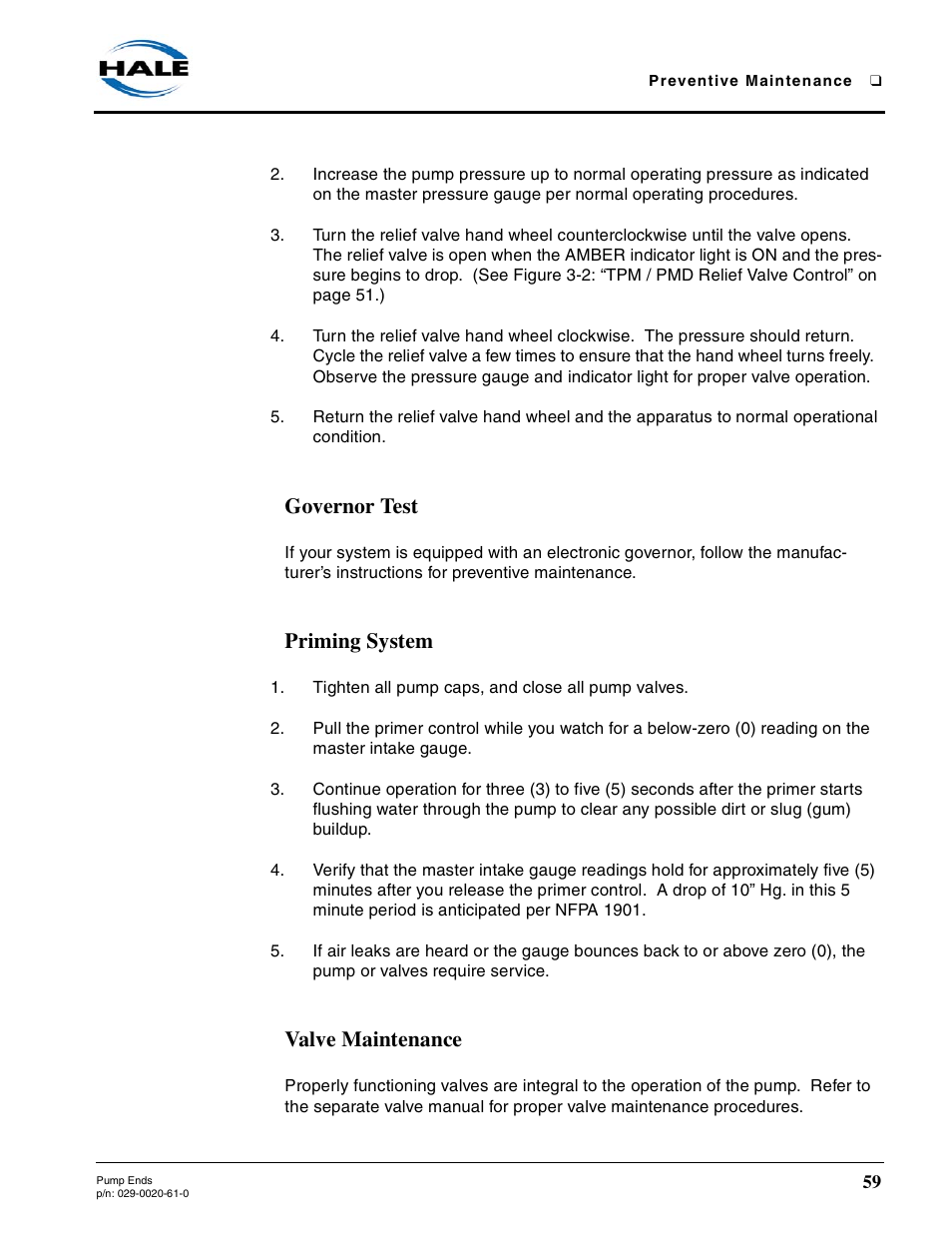 Governor test, Priming system, Valve maintenance | Hale 80FC User Manual | Page 59 / 190