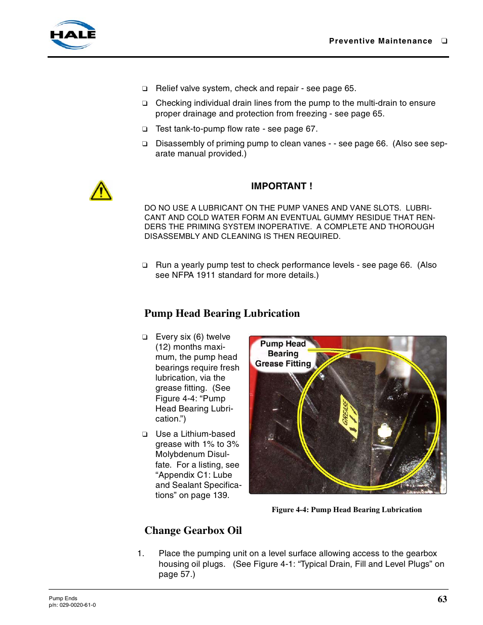 Pump head bearing lubrication, Figure 4-4: pump head bearing lubrication, Change gearbox oil | Hale 80FC User Manual | Page 63 / 190