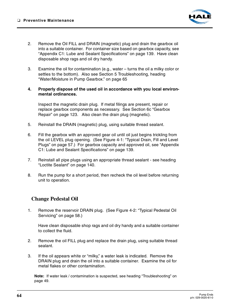 Change pedestal oil | Hale 80FC User Manual | Page 64 / 190