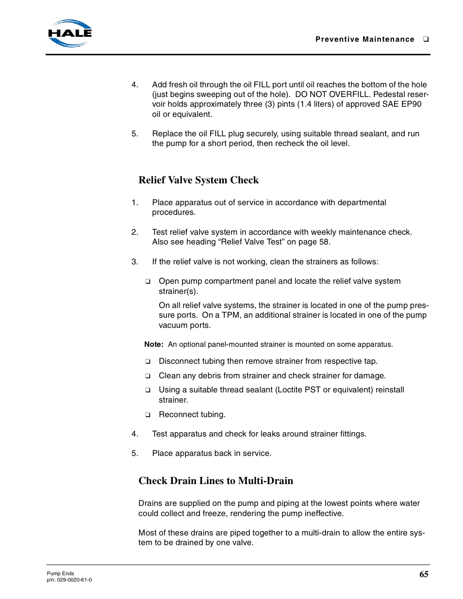 Relief valve system check, Check drain lines to multi-drain | Hale 80FC User Manual | Page 65 / 190