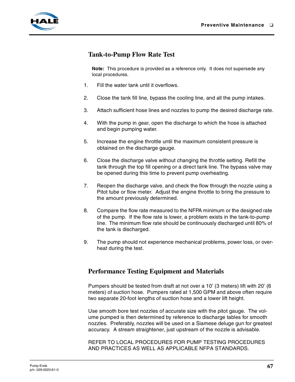Tank-to-pump flow rate test, Performance testing equipment and materials | Hale 80FC User Manual | Page 67 / 190