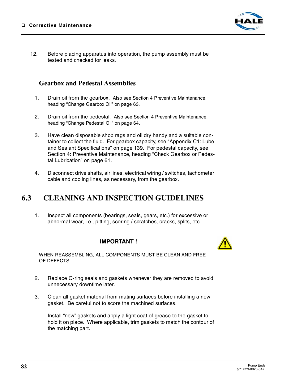 Gearbox and pedestal assemblies, 3 cleaning and inspection guidelines, Cleaning and inspection guidelines | Hale 80FC User Manual | Page 82 / 190
