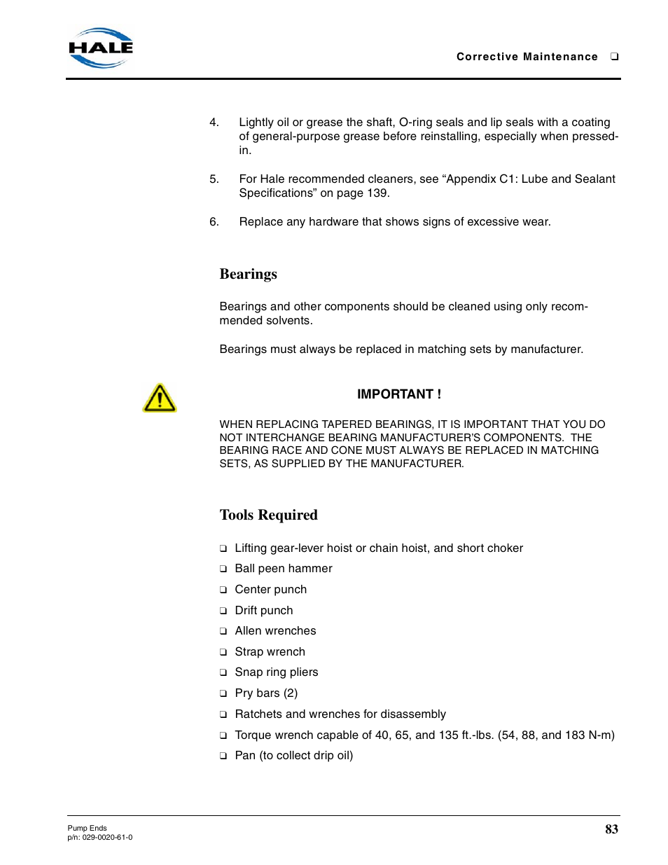 Bearings, Tools required | Hale 80FC User Manual | Page 83 / 190