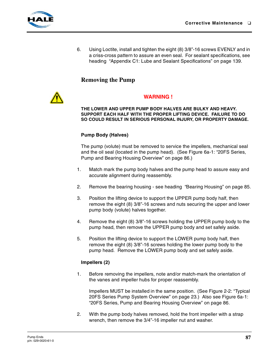 Removing the pump, Pump body (halves), Impellers (2) | Hale 80FC User Manual | Page 87 / 190