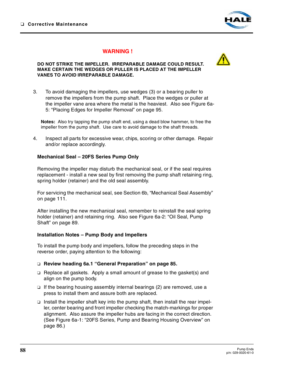 Mechanical seal - 20fs series pump only, Installation notes - pump body and impellers, Mechanical seal – 20fs series pump only | Installation notes – pump body and impellers | Hale 80FC User Manual | Page 88 / 190