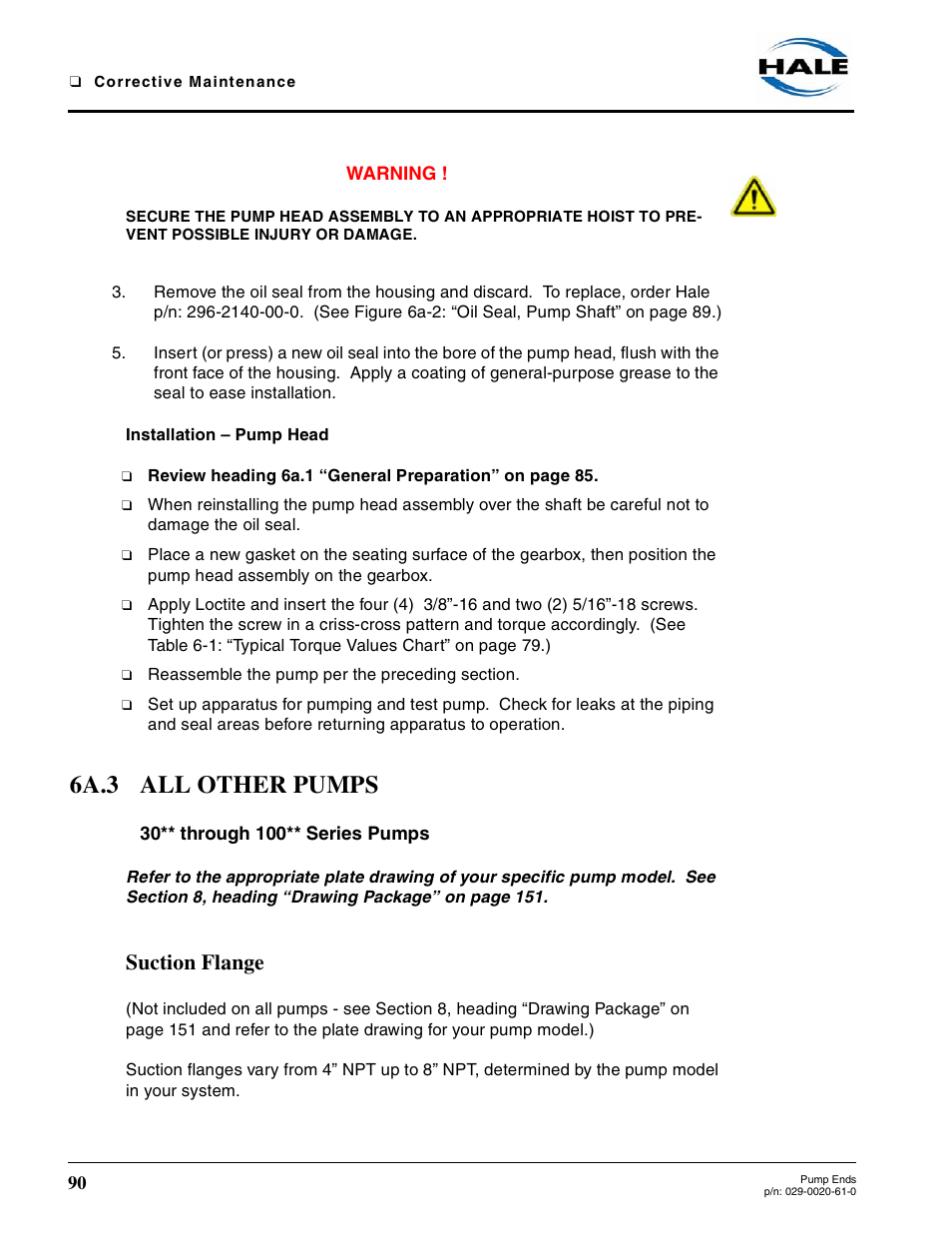 Installation - pump head, 6a.3 all other pumps, Suction flange | Installation – pump head | Hale 80FC User Manual | Page 90 / 190