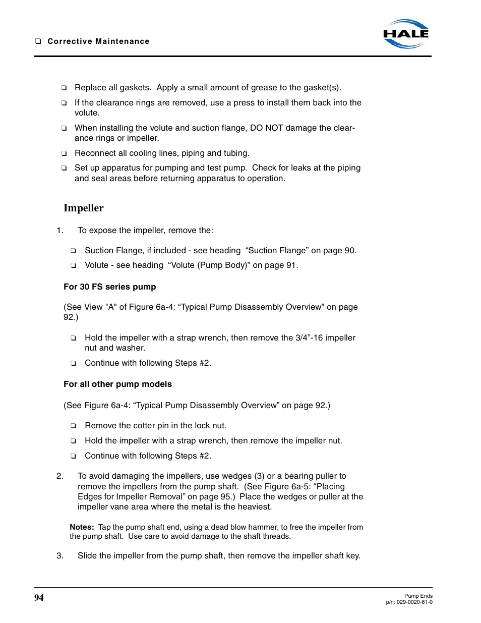 Impeller, For 30 fs series pump, For all other pump models | Hale 80FC User Manual | Page 94 / 190