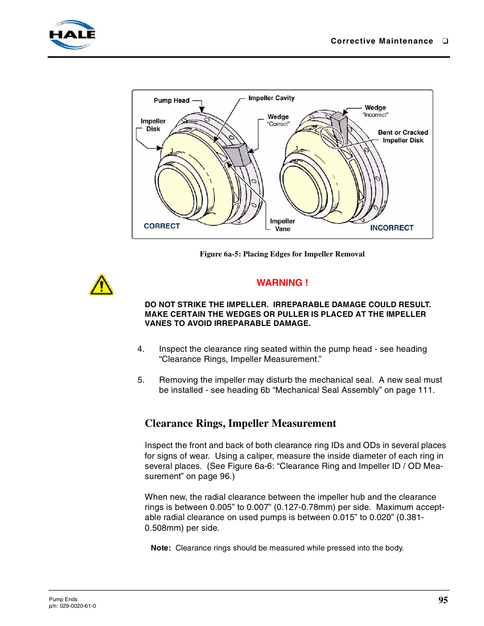 Figure 6a-5: placing edges for impeller removal, Clearance rings, impeller measurement | Hale 80FC User Manual | Page 95 / 190