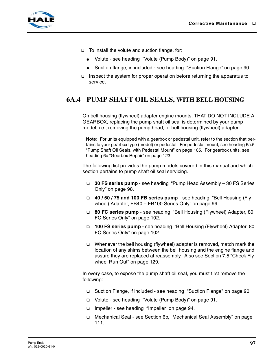 6a.4 pump shaft oil seals, with bell housing, 6a.4 pump shaft oil seals, With bell housing | Hale 80FC User Manual | Page 97 / 190