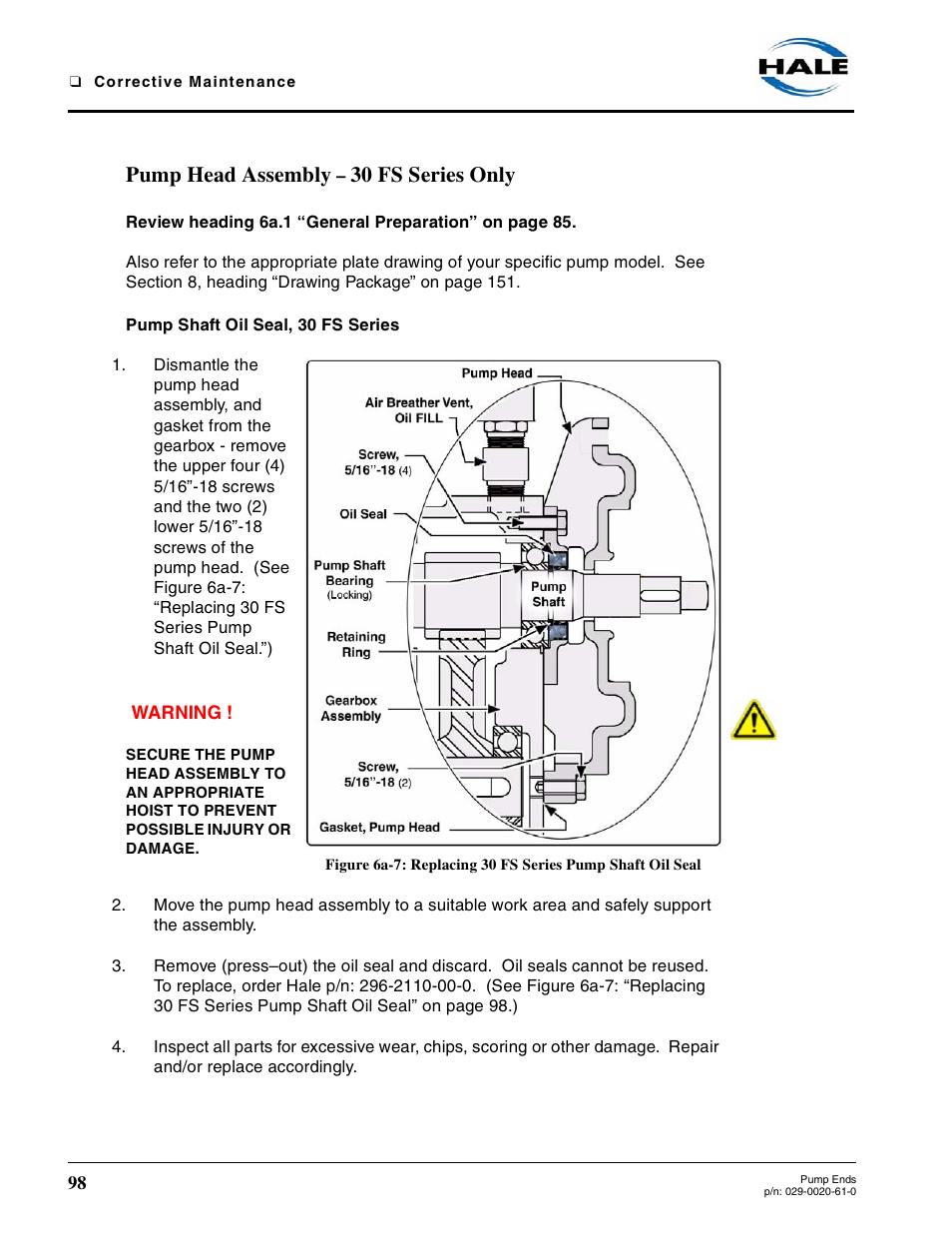 Pump head assembly - 30 fs series only, Pump shaft oil seal, 30 fs series, Pump head assembly – 30 fs series only | Pump head assembly – 30 fs series only - continued, Pump head assembly, 30 fs series only | Hale 80FC User Manual | Page 98 / 190