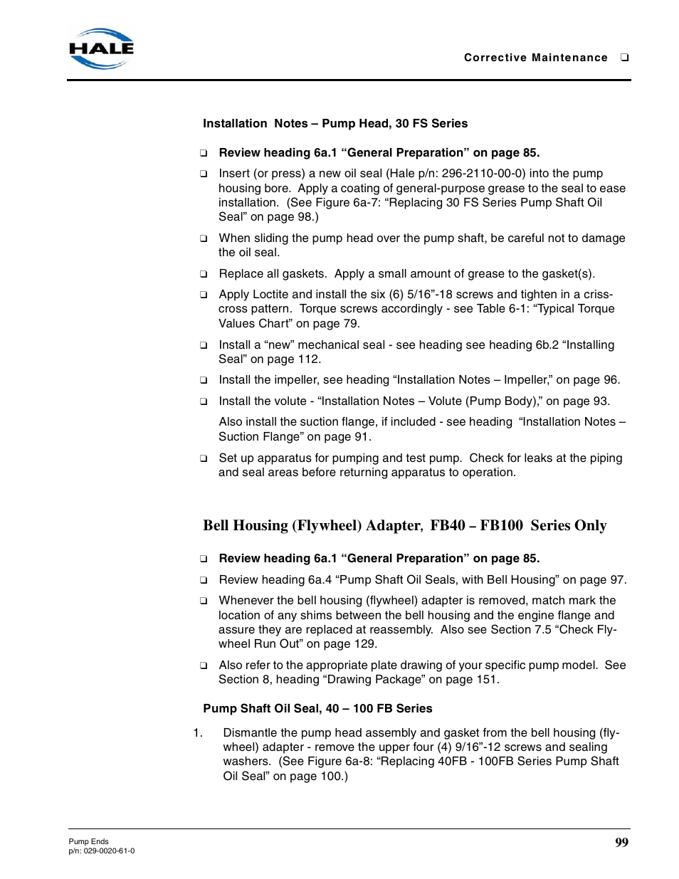 Installation notes - pump head, 30 fs series, Pump shaft oil seal, 40 - 100 fb series, Installation notes – pump head, 30 fs series | Pump shaft oil seal, 40 – 100 fb series, Bell housing (flywheel) adapter, Fb40, Fb100 series only | Hale 80FC User Manual | Page 99 / 190