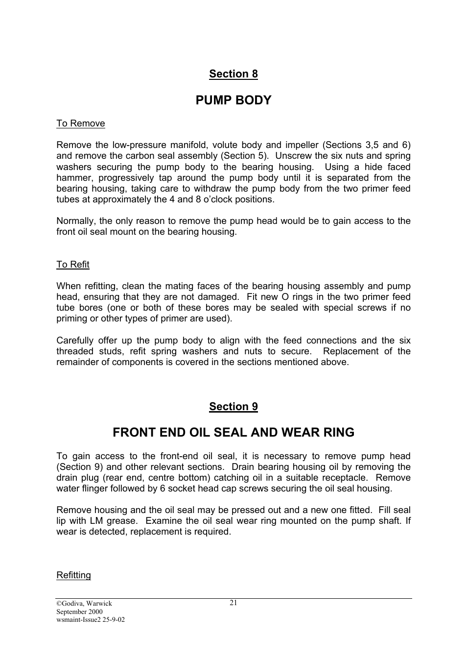 Section 8, Pump body, To remove | To refit, Section 9, Front end oil seal and wear ring, Refitting | Hale SMR-U User Manual | Page 21 / 46