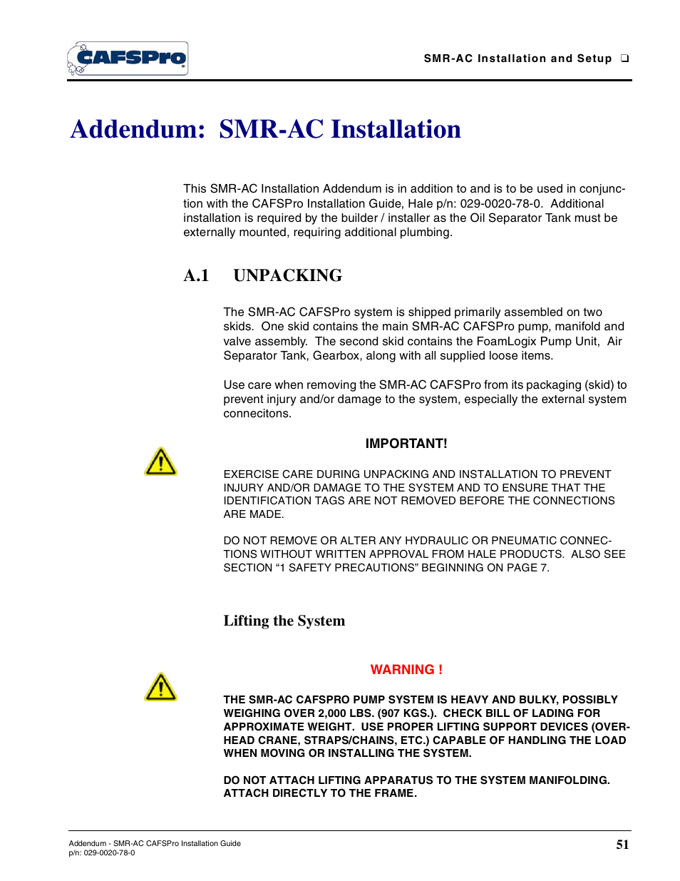 Addendum: smr-ac installation, A.1 unpacking, Lifting the system | Smr-ac cafspro installation addendum, Unpacking | Hale SMR-U User Manual | Page 37 / 46