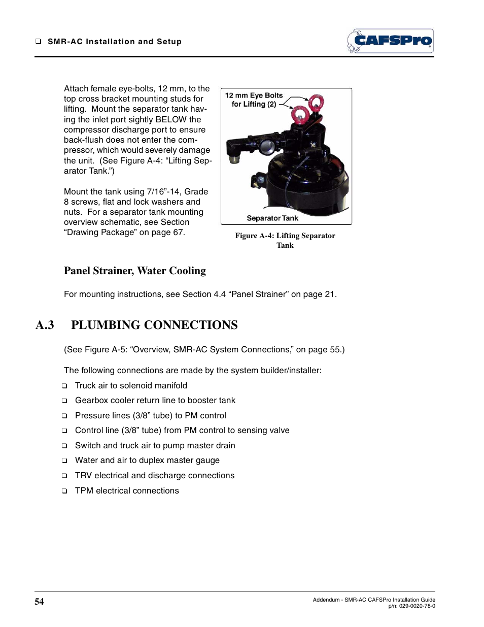 Figure a-4: lifting separator tank, Panel strainer, water cooling, A.3 plumbing connections | Plumbing connections | Hale SMR-U User Manual | Page 40 / 46