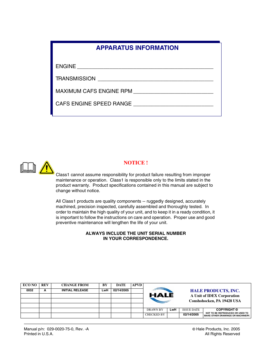 Apparatus information, Notice | Hale CAFSPro User Manual | Page 2 / 72