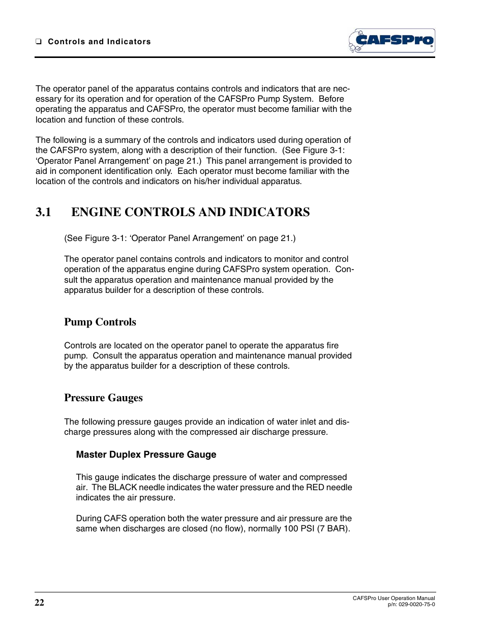 1 engine controls and indicators, Pump controls, Pressure gauges | Master duplex pressure gauge, 1 engine controls and indicators - continued | Hale CAFSPro User Manual | Page 22 / 72
