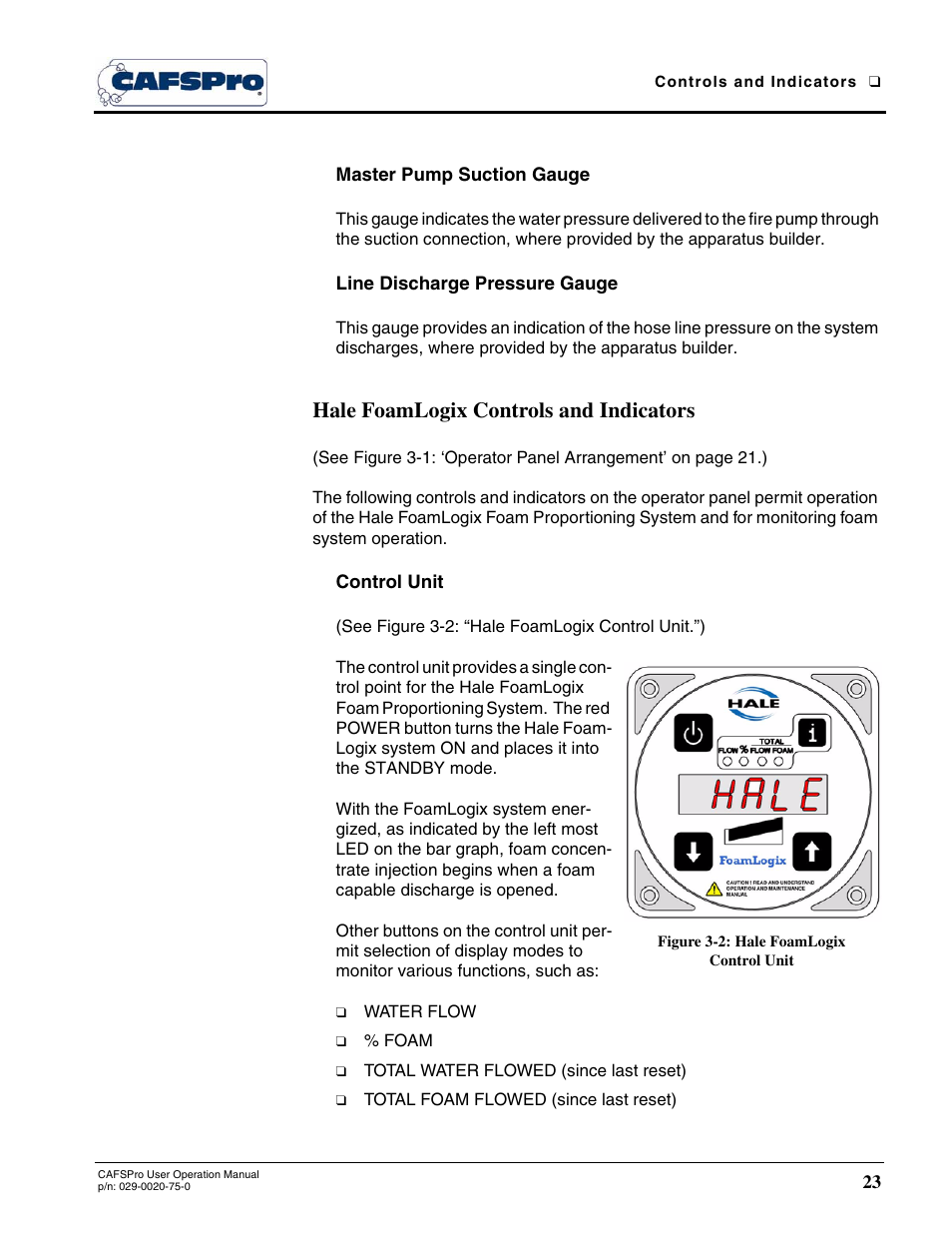 Master pump suction gauge, Line discharge pressure gauge, Hale foamlogix controls and indicators | Control unit, Figure 3-2: hale foamlogix control unit | Hale CAFSPro User Manual | Page 23 / 72