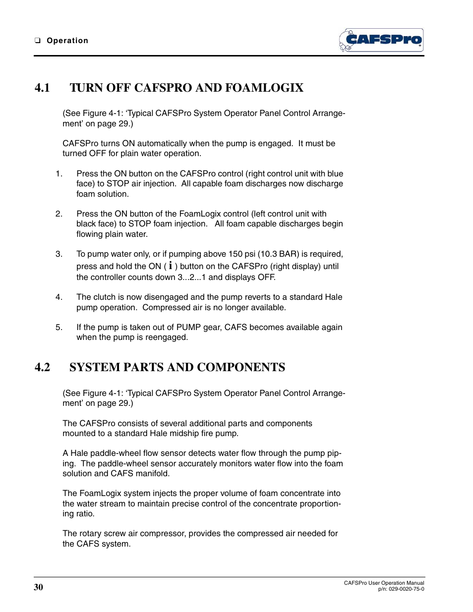 1 turn off cafspro and foamlogix, 2 system parts and components | Hale CAFSPro User Manual | Page 30 / 72