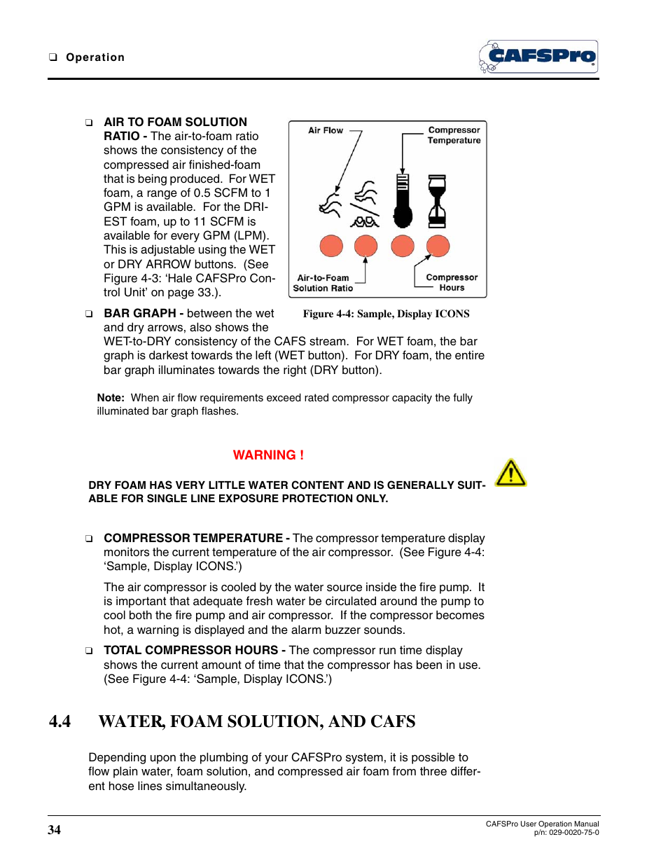 Figure 4-4: sample, display icons, 4 water, foam solution, and cafs | Hale CAFSPro User Manual | Page 34 / 72