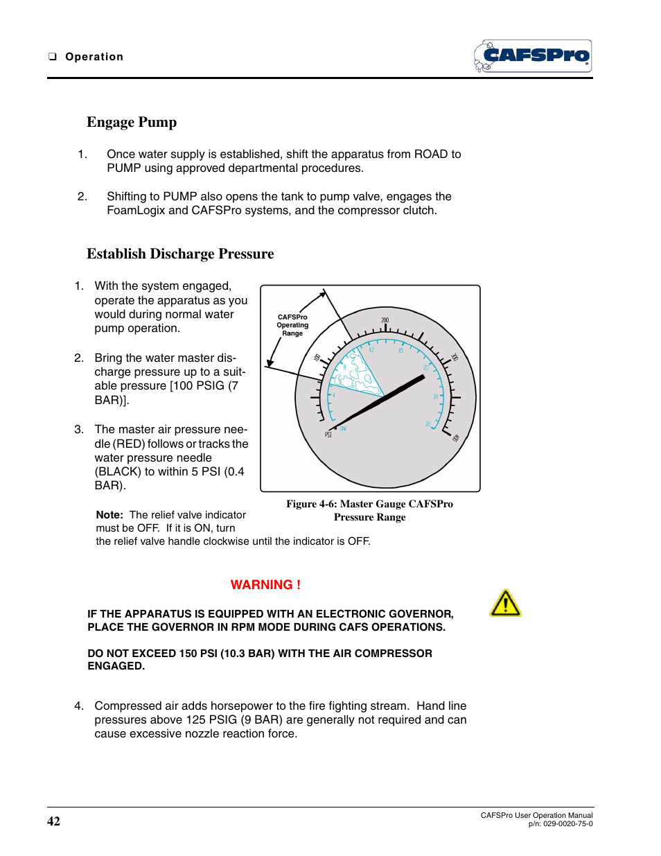 Engage pump, Establish discharge pressure, Figure 4-6: master gauge cafspro pressure range | Hale CAFSPro User Manual | Page 42 / 72