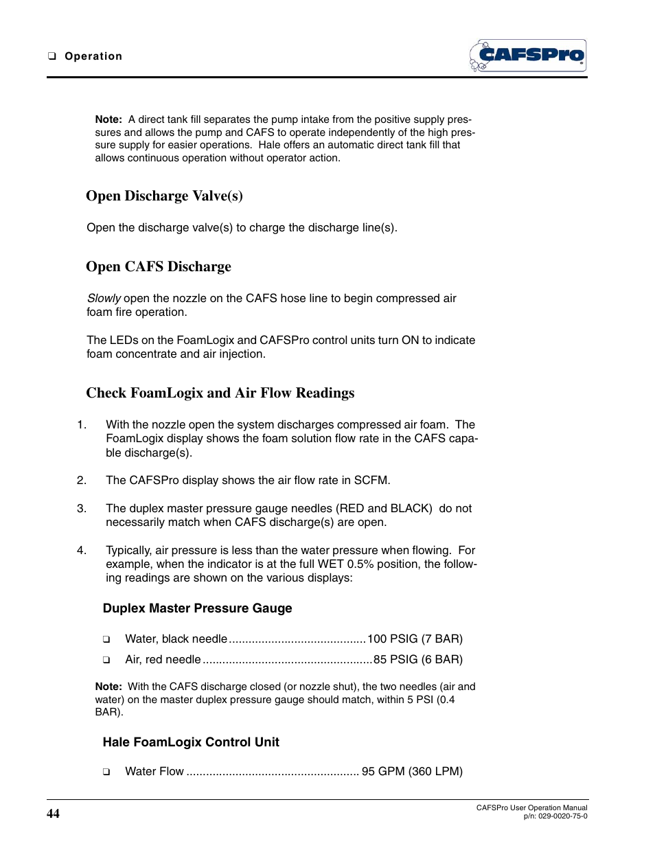 Open discharge valve(s), Open cafs discharge, Check foamlogix and air flow readings | Duplex master pressure gauge, Hale foamlogix control unit | Hale CAFSPro User Manual | Page 44 / 72