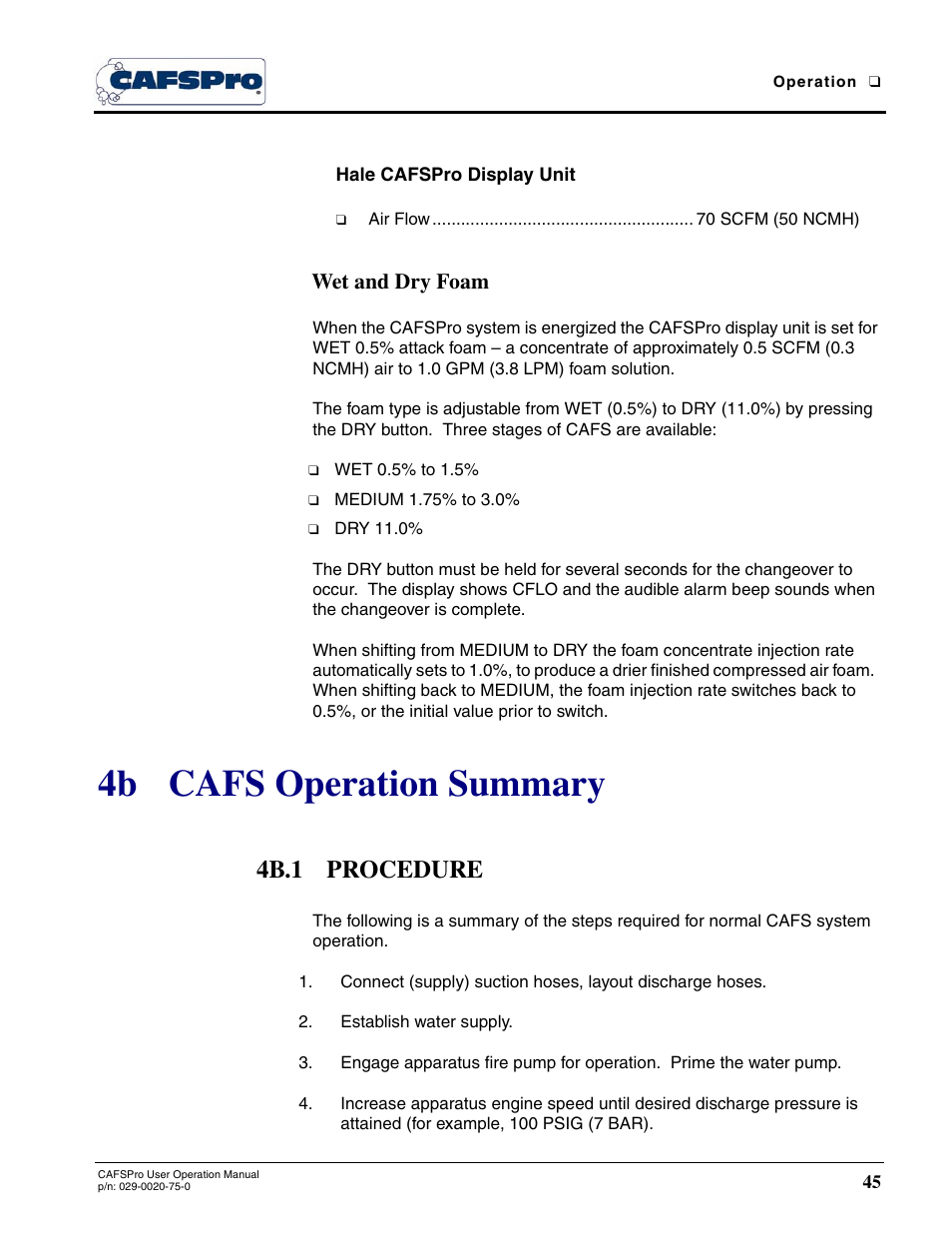 Hale cafspro display unit, Wet and dry foam, 4b cafs operation summary | 4b.1 procedure | Hale CAFSPro User Manual | Page 45 / 72