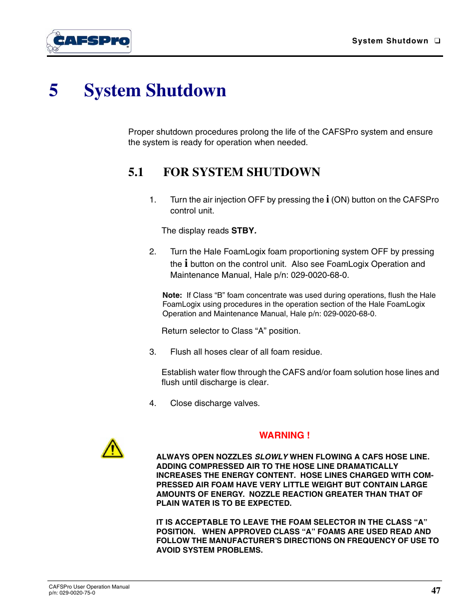 5 system shutdown, 1 for system shutdown, System shutdown | 5system shutdown | Hale CAFSPro User Manual | Page 47 / 72