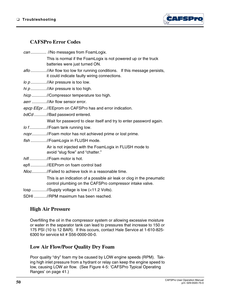 Cafspro error codes, High air pressure, Low air flow/poor quality dry foam | Hale CAFSPro User Manual | Page 50 / 72