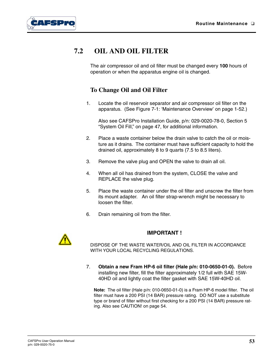 2 oil and oil filter, To change oil and oil filter | Hale CAFSPro User Manual | Page 53 / 72