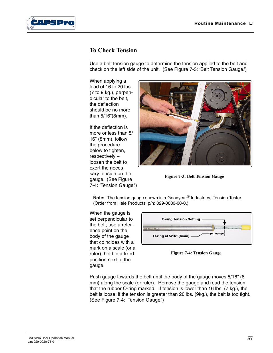 To check tension, Figure 7-3: belt tension gauge, Figure 7-4: tension gauge | Hale CAFSPro User Manual | Page 57 / 72