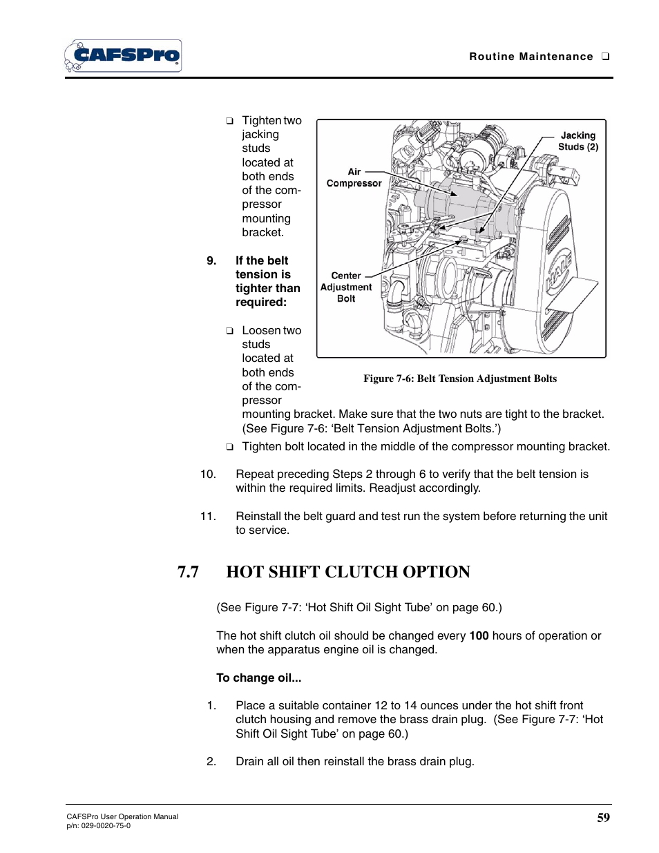 Figure 7-6: belt tension adjustment bolts, 7 hot shift clutch option | Hale CAFSPro User Manual | Page 59 / 72