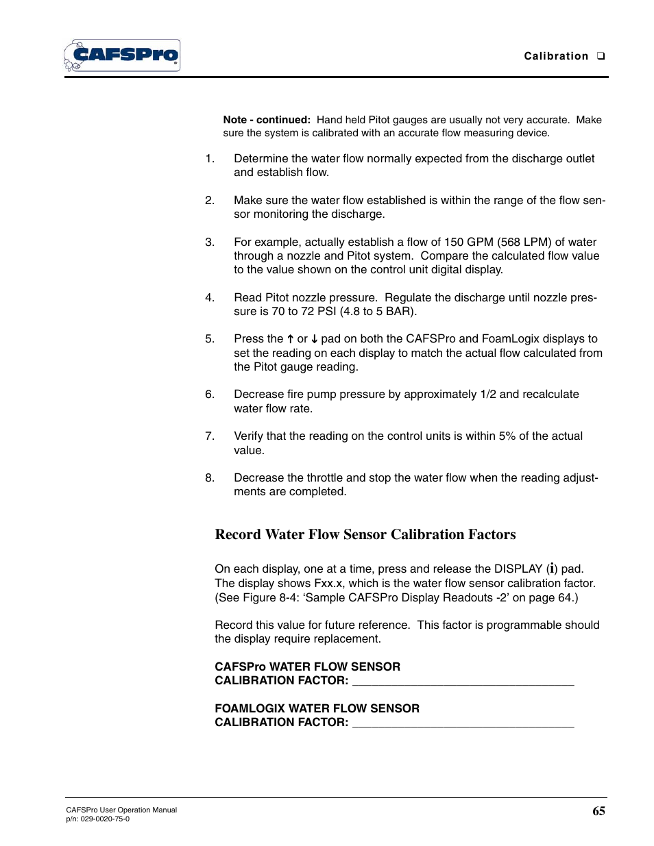 Record water flow sensor calibration factors | Hale CAFSPro User Manual | Page 65 / 72