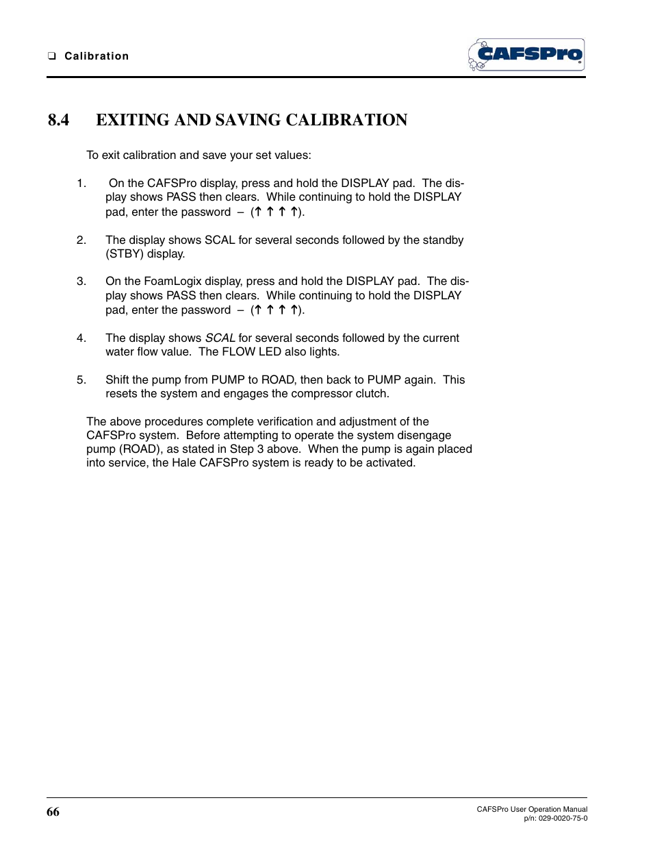 4 exiting and saving calibration | Hale CAFSPro User Manual | Page 66 / 72