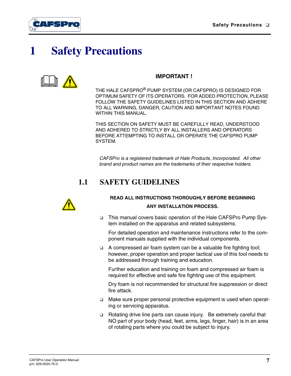 1 safety precautions, 1 safety guidelines, Safety precautions | 1safety precautions | Hale CAFSPro User Manual | Page 7 / 72