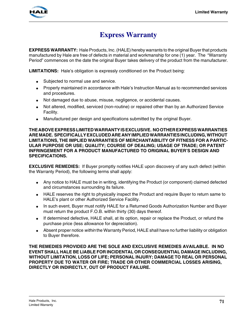 Express warranty | Hale CAFSPro User Manual | Page 71 / 72