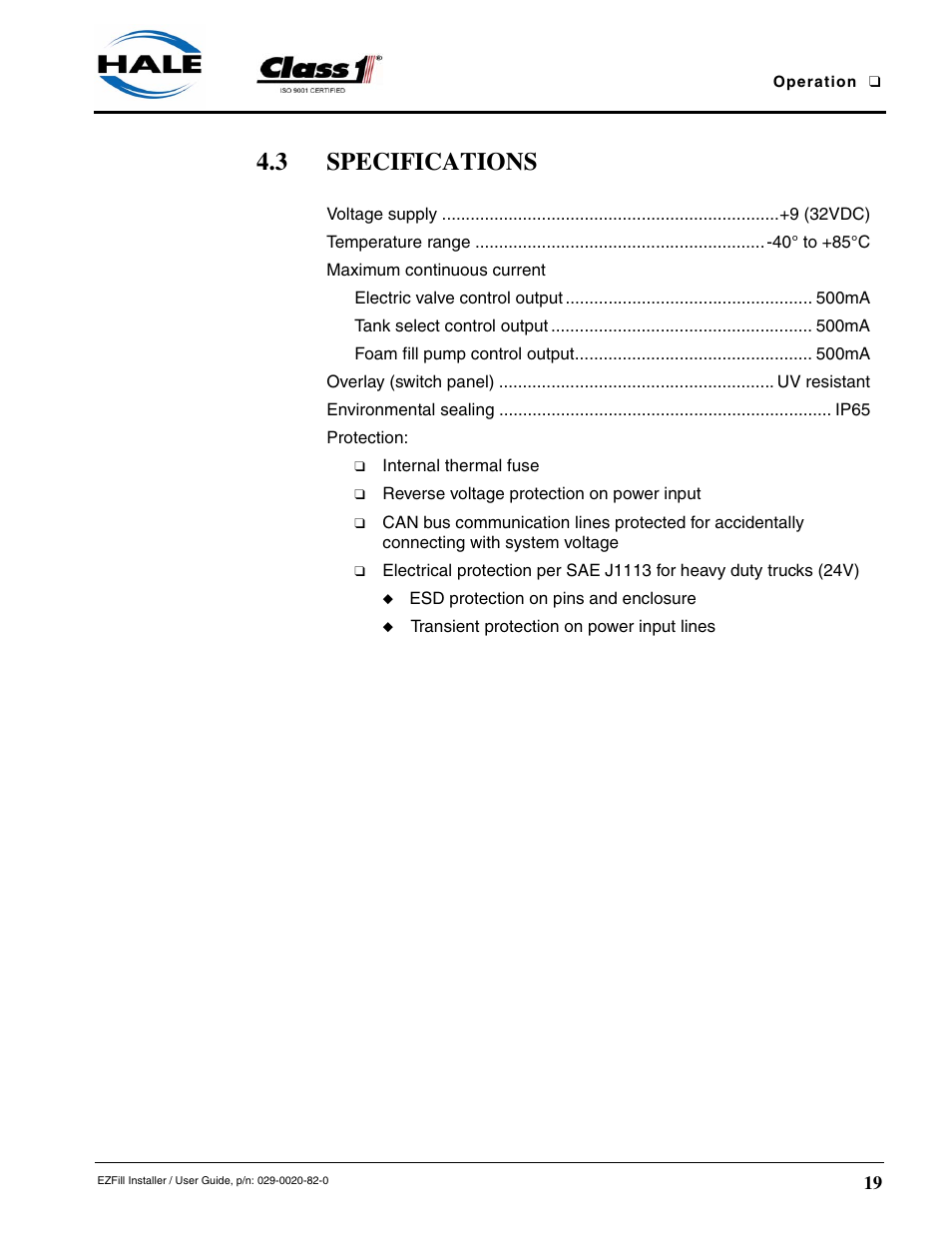 3 specifications | Class1 EZFill Foam Refill User Manual | Page 19 / 46