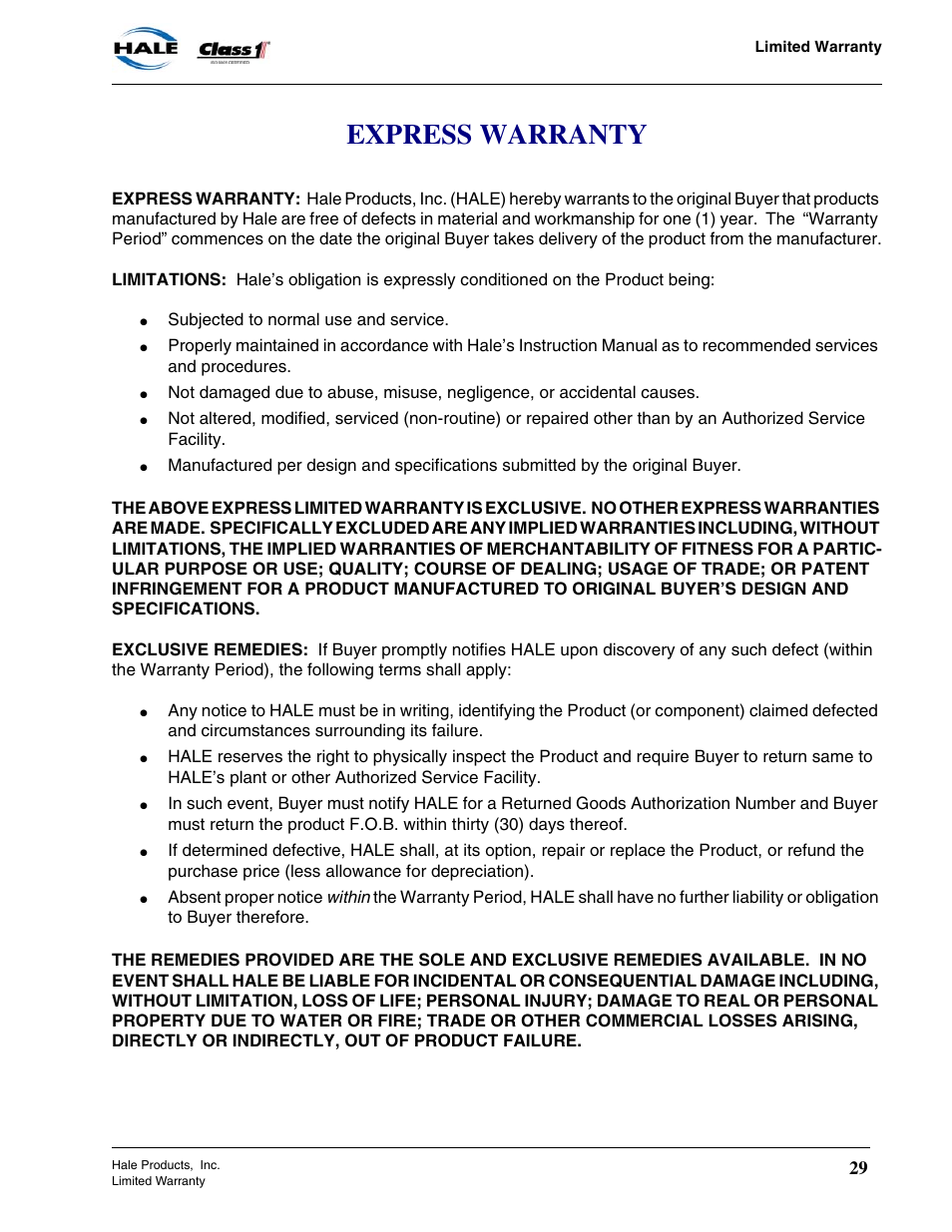 Express warranty | Class1 EZFill Foam Refill User Manual | Page 44 / 46