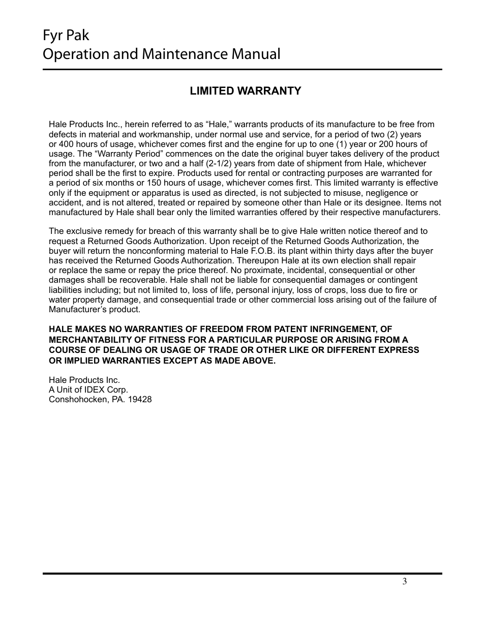 Fyr pak operation and maintenance manual | Hale Fyr Pak(2006 to Present) User Manual | Page 3 / 39