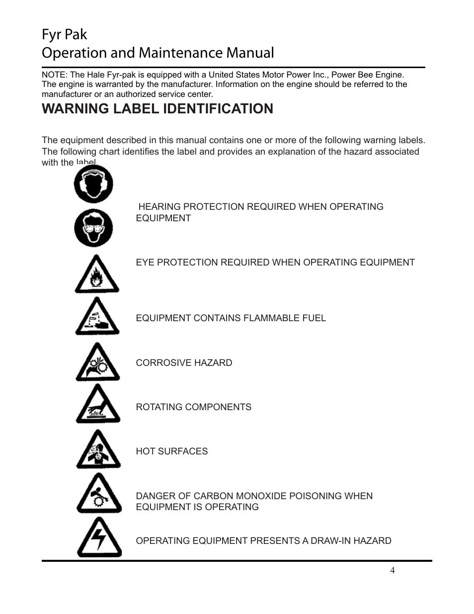 Fyr pak operation and maintenance manual, Warning label identification | Hale Fyr Pak(2006 to Present) User Manual | Page 4 / 39