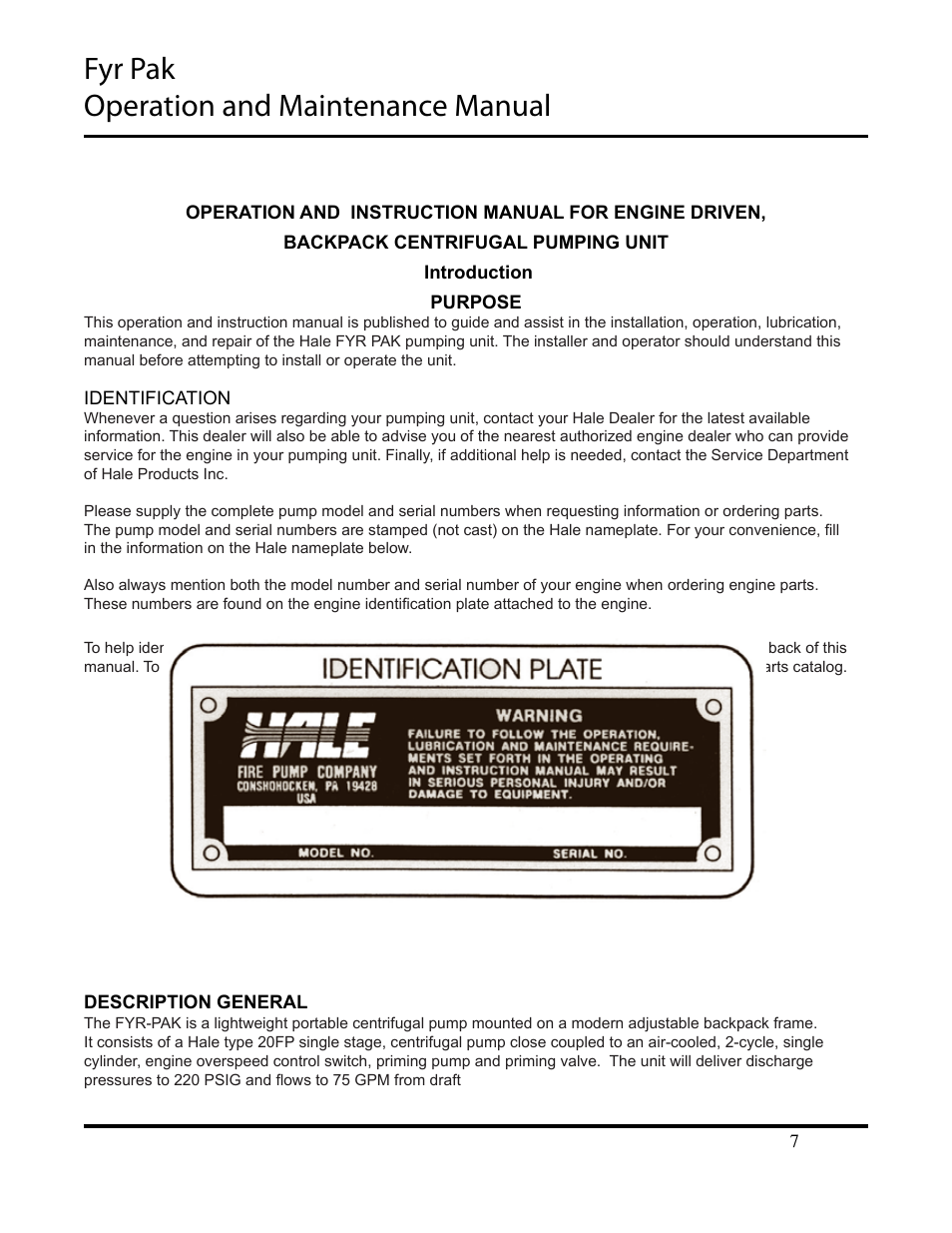 Fyr pak operation and maintenance manual | Hale Fyr Pak(2006 to Present) User Manual | Page 7 / 39