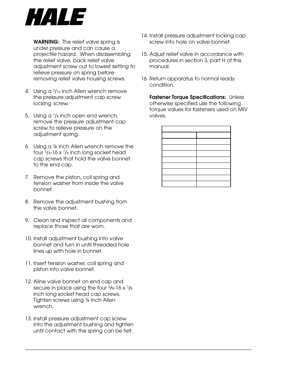 Aster, Ntake, Alve | Table 1. fastener torque values, 16 x | Hale Master Intake Valve User Manual | Page 28 / 46