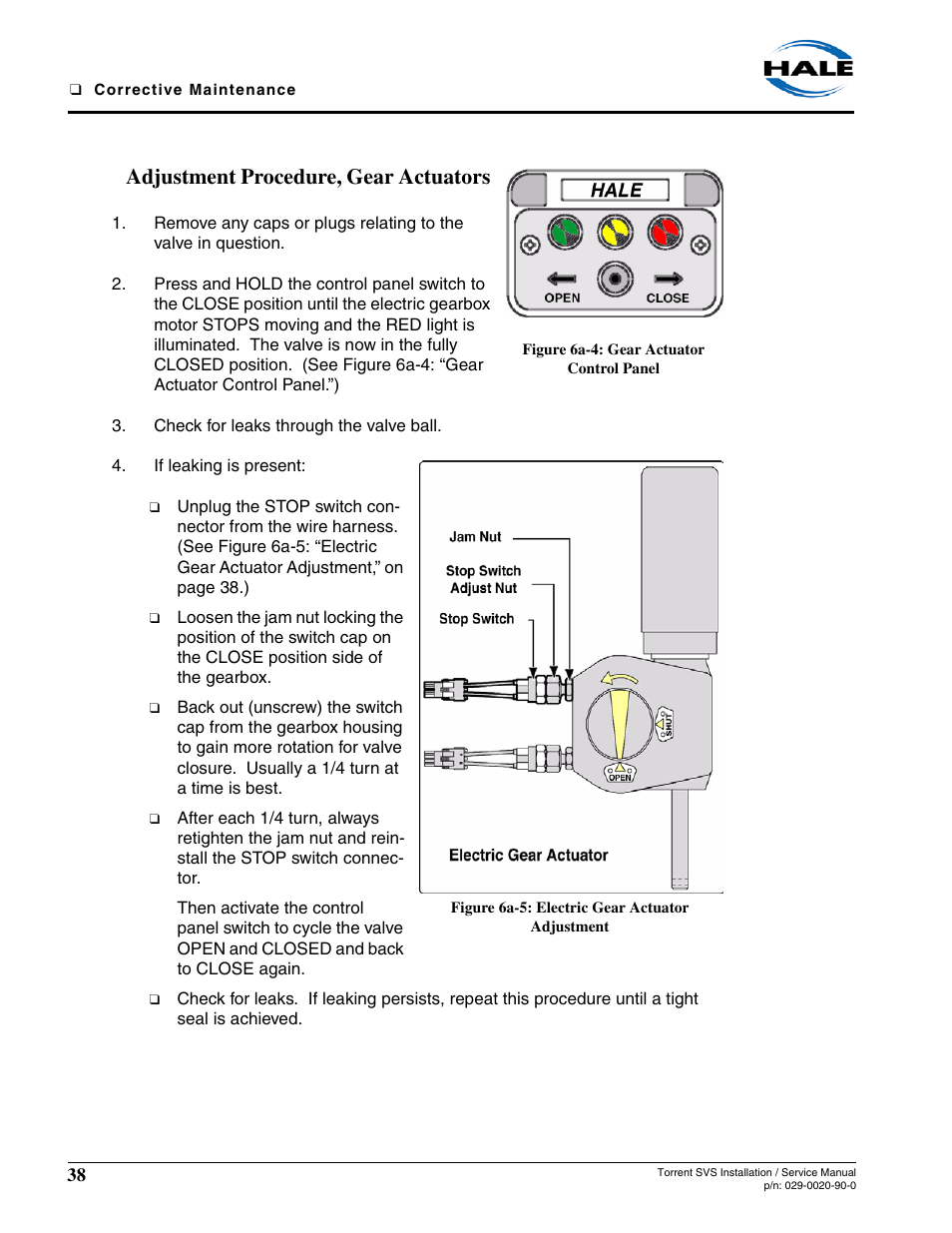 Adjustment procedure, gear actuators, Figure 6a-4: gear actuator control panel, Figure 6a-5: electric gear actuator adjustment | Hale Torrent SVS Stainless Steel Valves User Manual | Page 38 / 100