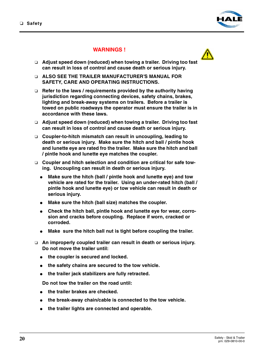 Warnings | Hale Trailer User Manual | Page 20 / 74